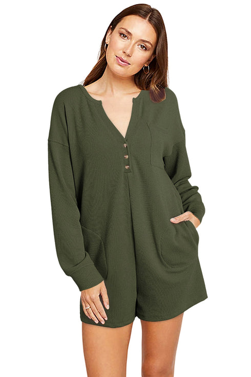 Brushed Ribbed Button Split V Neck Long Sleeve Romper